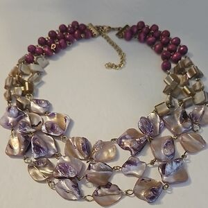 Baroque Pearl, Shell & Wooden Beads on a Goldtone 3 Strand 17" Necklace